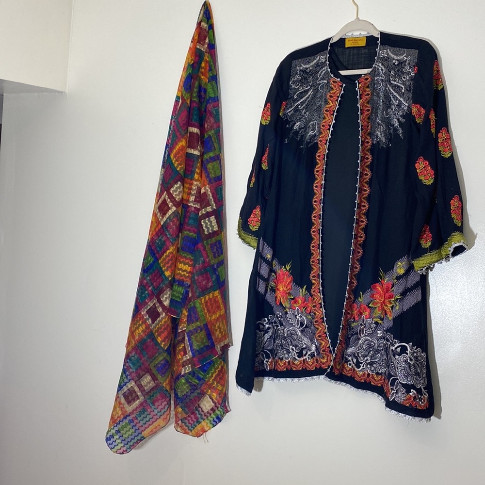 SANA SAFINAZ beautifully embroidered open front shirt with inner & dupatta